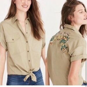 Madewell Button-Up Shirt XL Women's Embroidered Floral Pattern Olive-Beige